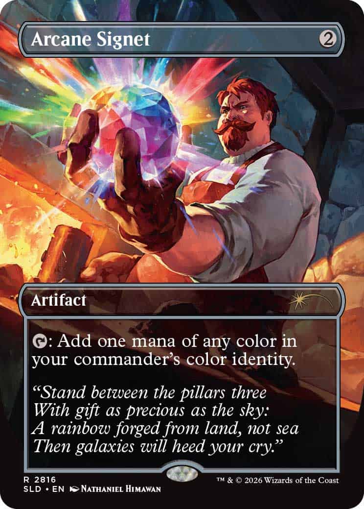 Magic: The Gathering card Arcane Signet featuring a stout smith channeling a colorful radiant gem in a forge setting, holding out the crystal.