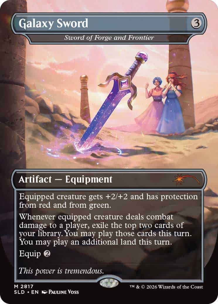 Sword of Forge and Frontier | The Outerhaven Galaxy Sword, an Artifact—Equipment card, with a glowing purple sword planted in a sandy landscape as two figures watch in the background.
