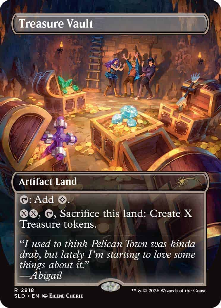 Treasure Vault | The Outerhaven Treasure Vault MTG card: a cavern filled with gold coins, gem clusters, and open chests while four adventurers explore in the background.