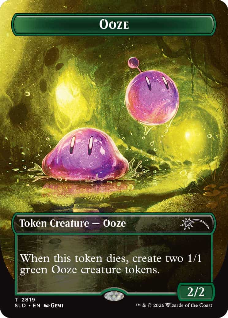 Ooze Token mitotic 22 | The Outerhaven Token card 'Ooze' showing two purple slime creatures in a glowing green cavern; rule text about creating two 1/1 green Ooze tokens when it dies.