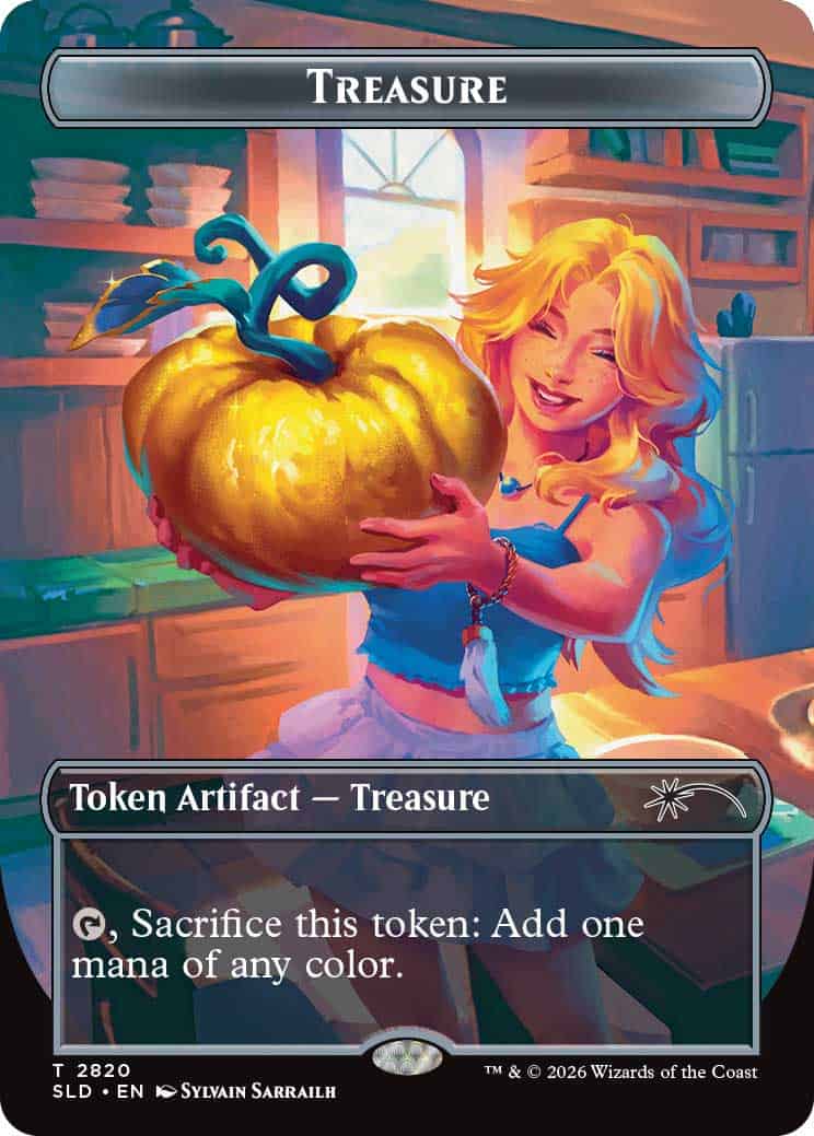Token artifact treasure card: a smiling person in a kitchen holds a giant golden pumpkin-like treasure, promising color mana when sacrificed.