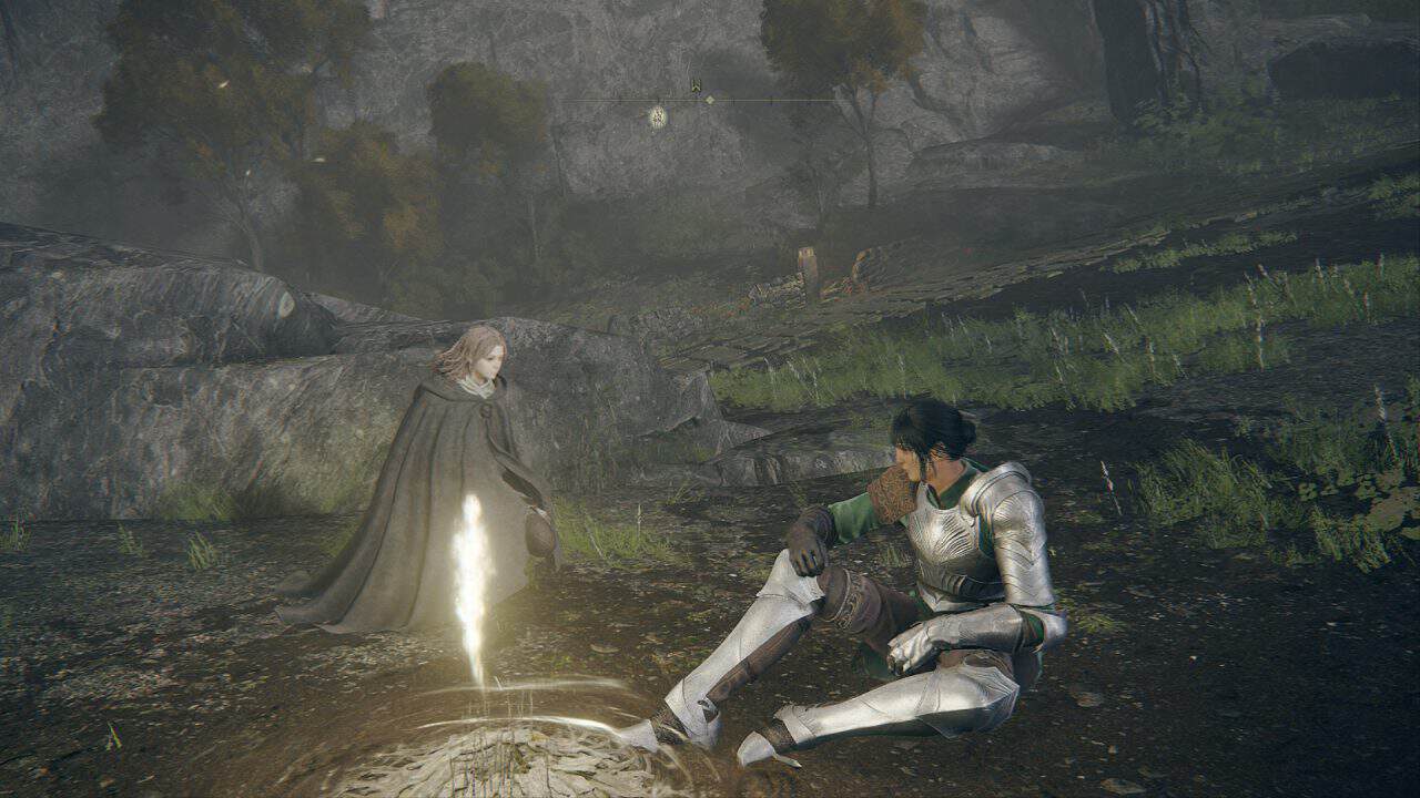 2e | The Outerhaven Two adventurers sit on the ground in a misty rocky clearing; a knight in armor beside a cloaked figure near a glowing circle.