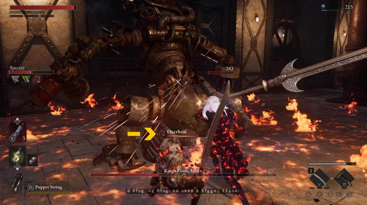 Overheat | The Outerhaven Player character in armor fights a towering armored boss in a fiery, lava-lit dungeon, with health bars and abilities visible on screen.