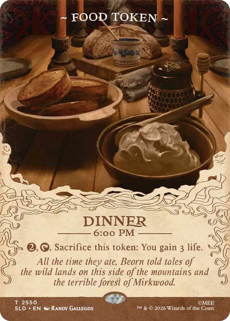 3Af0nXM1Sw | The Outerhaven A fantasy game card showing bread and whipped cream on a wooden table, titled 'DINNER 6:00 PM,' with flavor text about gaining life when sacrificed from the token.