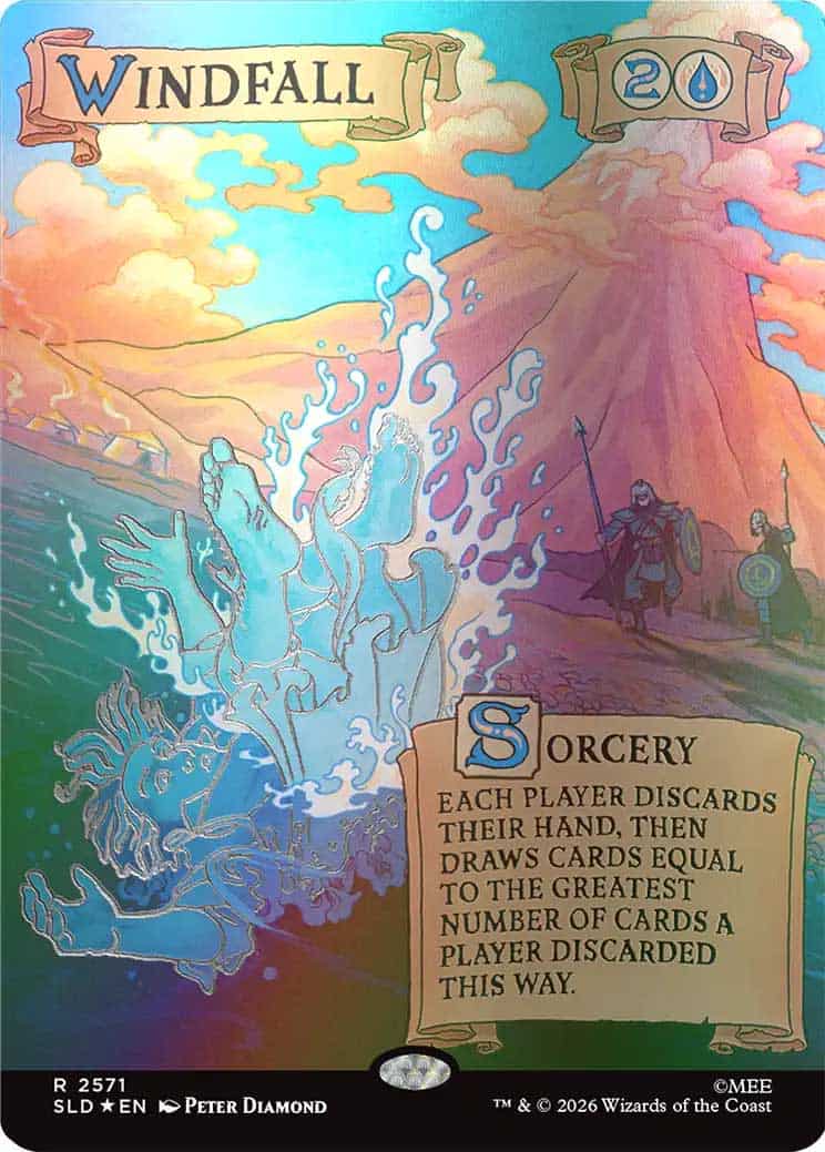 3rB1EyasKJ | The Outerhaven Windfall card art: a tidal figure rising from the sea beside a volcano; sorcery text reads: Each player discards their hand, then draws cards equal to the greatest number of cards a player discarded this way.