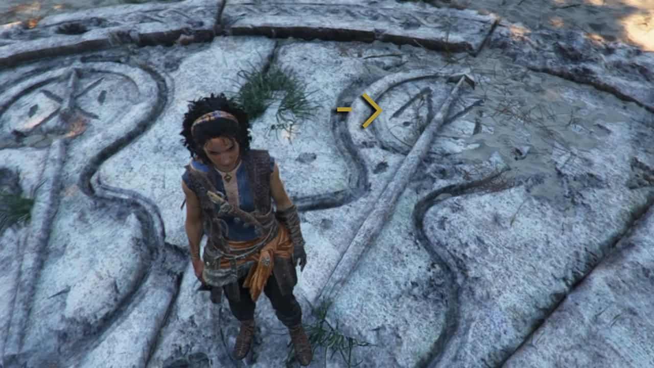 4 | The Outerhaven Female adventurer in blue and orange outfit stands on a rocky platform carved with circular spirals; arrow overlay in foreground.