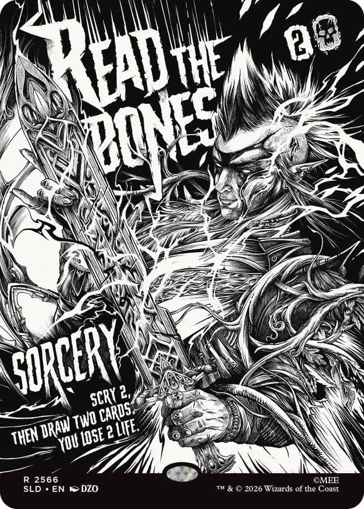 4cWPPqrvSL | The Outerhaven Gritty fantasy cover art of a muscular armored warrior wielding a jagged sword with electric energy and bold text 'Read the Bones' and 'Sorcery'.
