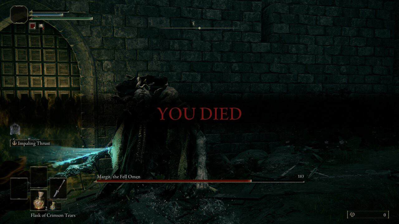 4e | The Outerhaven Dark dungeon wall with a large red'YOU DIED' message; a game over screen with faint UI elements and health bar remnants in the foreground