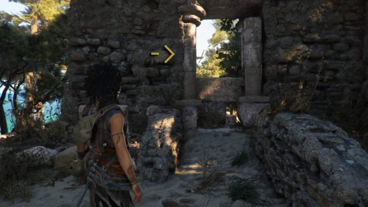5 | The Outerhaven Adventure game scene: explorer with backpack stands in a crumbling stone ruin, facing a doorway opening to sunlit trees ahead.