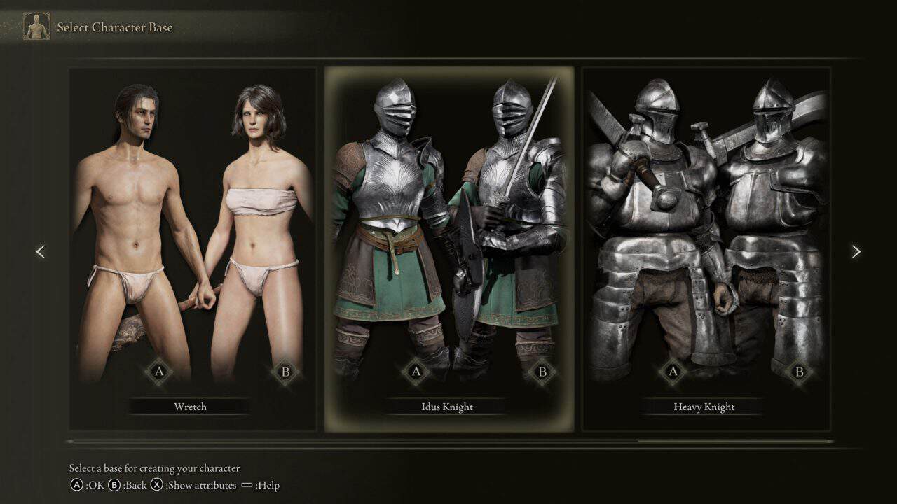 5e | The Outerhaven Character select screen with four character panels: left shows two unclothed, armored-less models labeled A and B; center panel features armored Idus Knight in green tunic; right panel shows heavy armored knights in silver plate; bottom labels read Wretch, Idus Knight, Heavy Knight.
