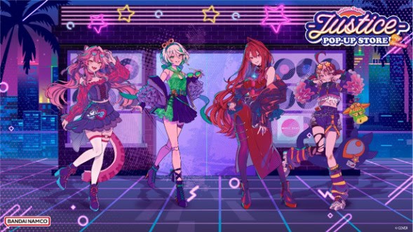 hololive | The Outerhaven Four anime-style girls posing on a neon-lit dance floor with a city backdrop and a Justice Pop-Up Store sign.