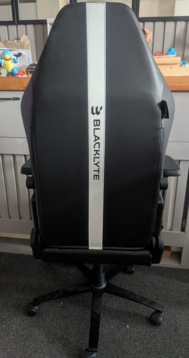 BAP Back | The Outerhaven Ergonomic black office chair viewed from behind, with a vertical white stripe and the brand name 'BLACKLYTE' on the backrest, on a wheeled base in a workspace.