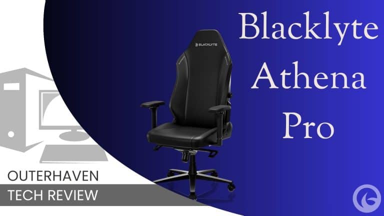 Blacklyte Athena Pro With Words | The Outerhaven BlackYte Athena Pro gaming chair featured on a blue gradient banner with the Outerhaven Tech Review logo.
