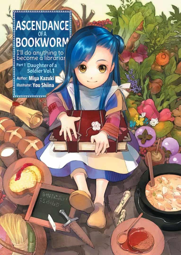 Bookworm | The Outerhaven Manga-style scene: a girl with blue hair seated among vegetables and kitchen items, holding a large book; title Ascendance of a Bookworm on a blue panel beside her.