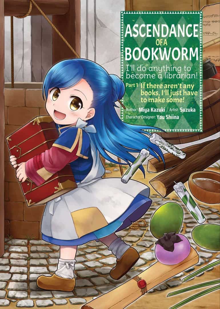 Bookworm2 | The Outerhaven Chibi girl with blue hair carries a large red book in a cluttered workshop; a green poster for 'Ascendance of a Bookworm' is on the wall behind her.