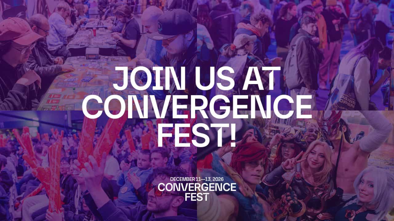 Crowd at a lively festival with bold white text: JOIN US AT CONVERGENCE FEST!, date at the bottom: December 11–13, 2026.