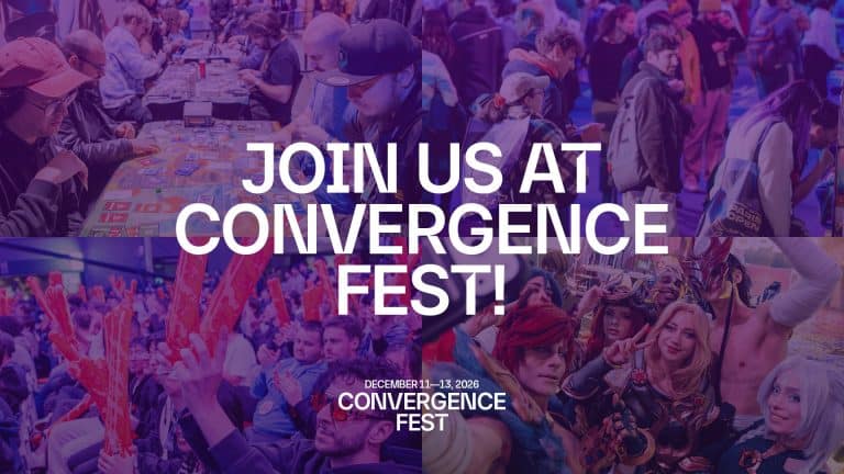 Crowd at a lively festival with bold white text: JOIN US AT CONVERGENCE FEST!, date at the bottom: December 11–13, 2026.