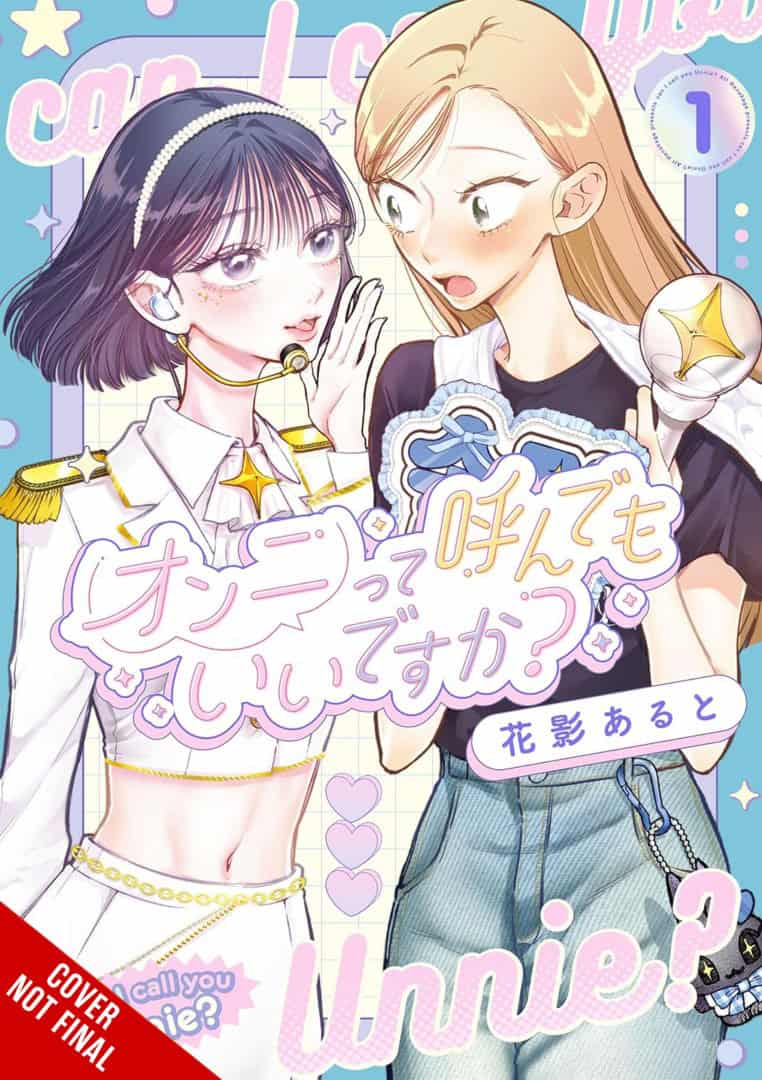 Can I Call You Unnie | The Outerhaven Colorful manga cover with two young women: one in a white military-style outfit whispering to the other in casual clothes, pastel pink title text above them.