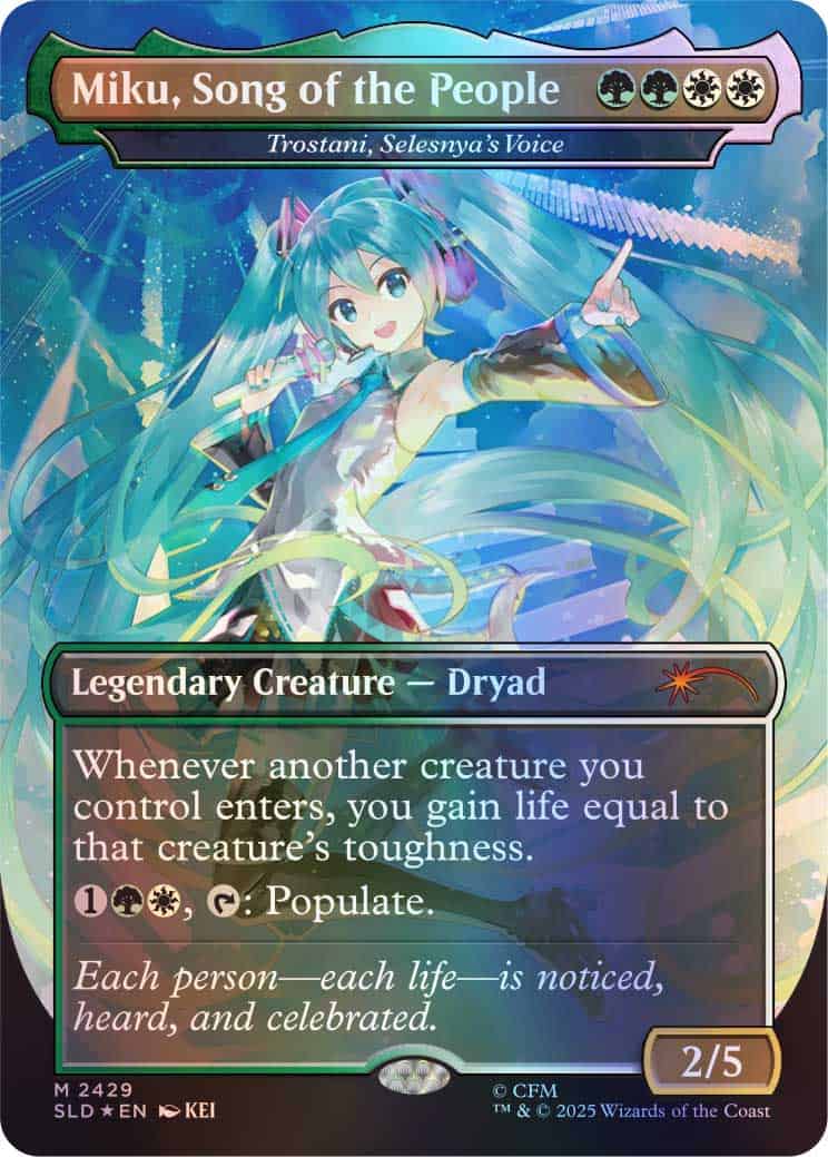 MTG card: teal-haired anime singer performing on a blue-green stage, title 'Miku, Song of the People' ( Legendary Creature — Dryad ).
