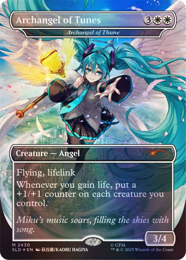 Archangel of Tunes—a blue-haired winged angel card, 3 generic and 2 white mana, 3/4, flying and lifelink. Flavor text about Miku's song.