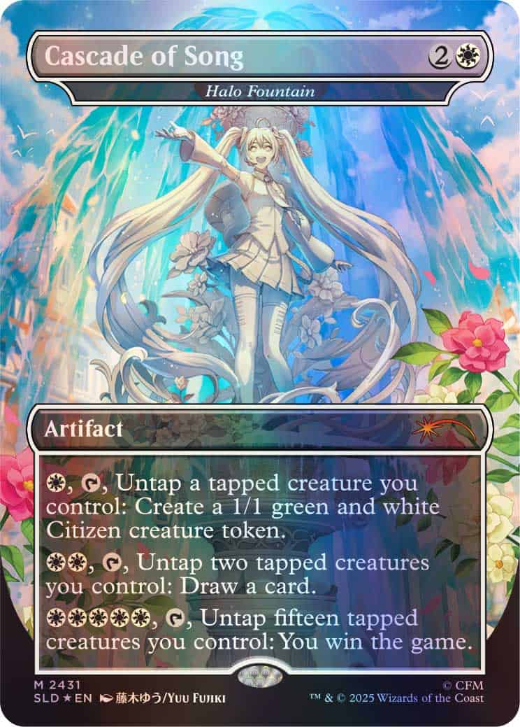 Magic: The Gathering artifact card Cascade of Song featuring a white-haired figure amid a colorful fountain and flowers.