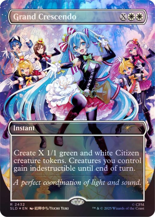 Card_04_SL2026_Albacore_FoilBundle_GrandCrescendo_Foil | The Outerhaven Grand Crescendo instant: create X 1/1 green and white Citizen tokens; creatures you control gain indestructible until end of turn.