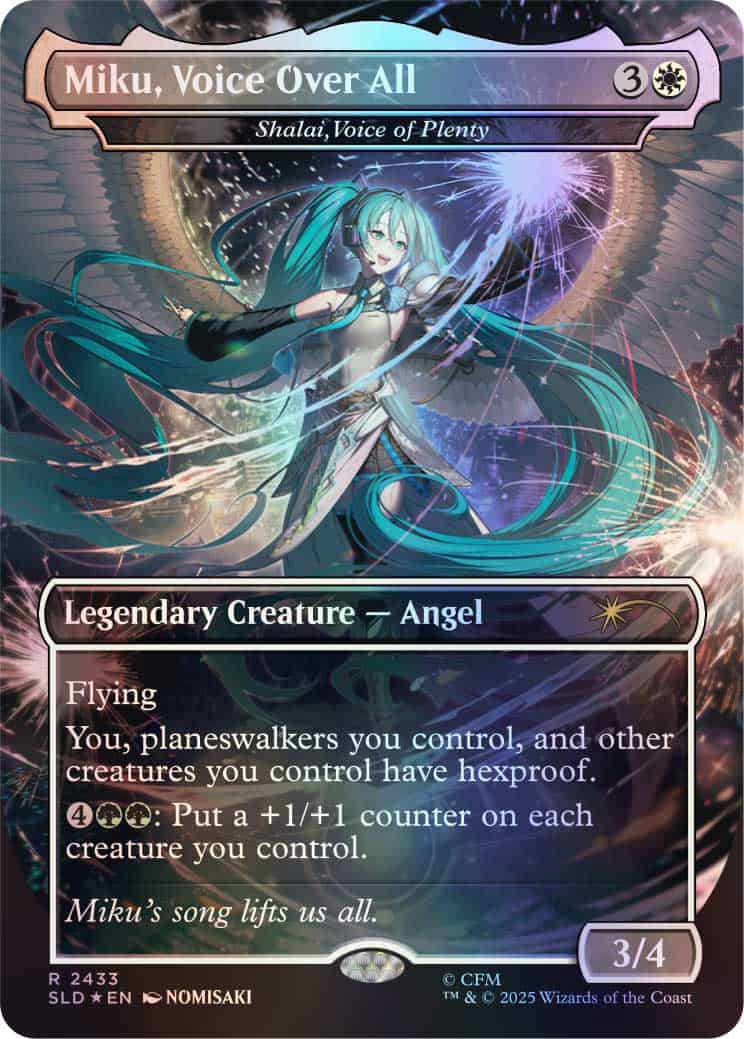 Card_05_SL2026_Albacore_FoilBundle_MikuVoiceOverAll_Foil | The Outerhaven Card image of 'Miku, Voice Over All' - a teal-haired angel legendary creature with flowing ribbons, set against a magical, colorful backdrop. The banner shows the name and mana cost (3 and white). Card type: Legendary Creature — Angel. Abilities listed: Flying; You, planeswalkers you control, and other creatures you control have hexproof; Pay 4 and W to put a +1/+1 counter on each creature you control. Flavor text reads 'Miku’s song lifts us all.' Power/Toughness: 3/4.