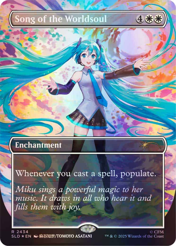 Enchantment card 'Song of the World Soul' featuring a blue-haired anime girl gesturing amid colorful swirls.