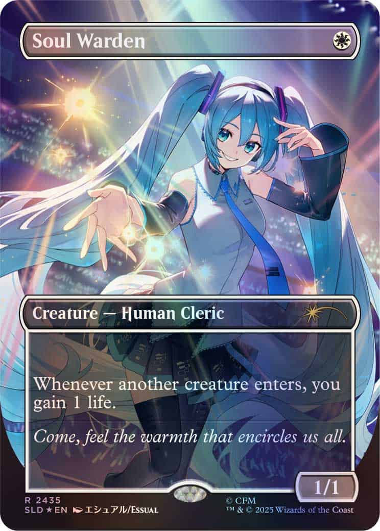 Soul Warden card: blue-haired human cleric reaches forward amid glowing orbs; ability: 'Whenever another creature enters, you gain 1 life.'