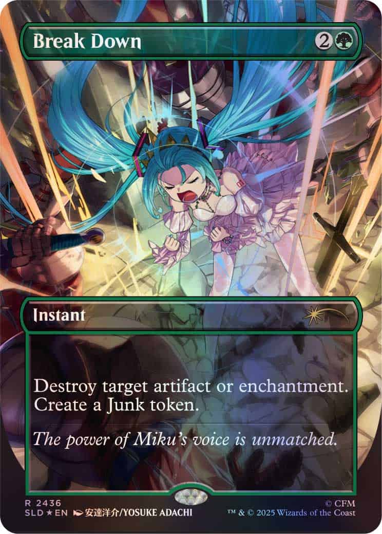 Card_08_SL2026_Albacore_FoilBundle_BreakDown_Foil | The Outerhaven 'Break Down' instant card: destroys target artifact or enchantment and creates a Junk token; flavor text about Miku's voice.