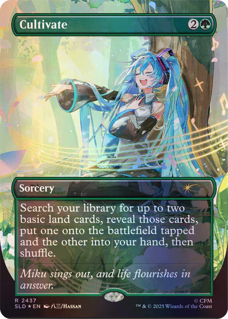 Magic: The Gathering card Cultivate — Sorcery: Search your library for up to two basic land cards; reveal them, put one onto the battlefield tapped and the other into your hand, then shuffle. Artwork shows a smiling blue-haired singer in a sunlit forest.