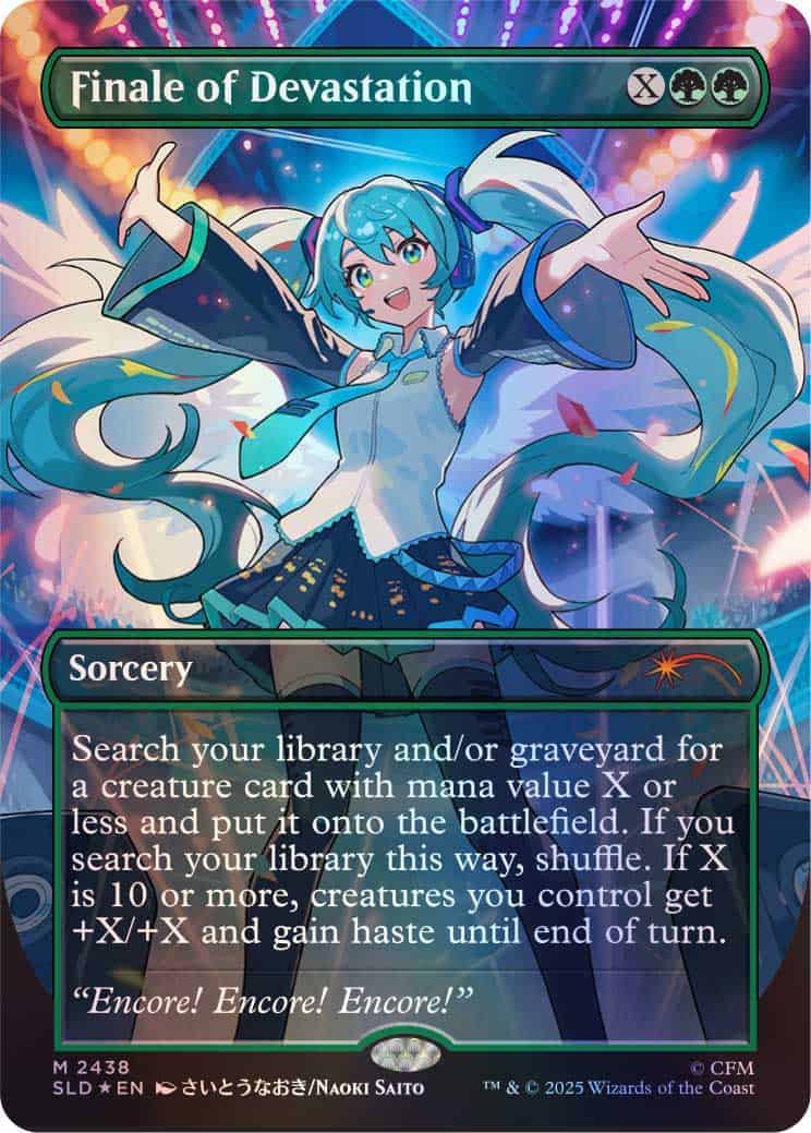Card_10_SL2026_Albacore_FoilBundle_FinaleofDevastation_Foil | The Outerhaven Finale of Devastation — a Sorcery card showing a blue-haired performer on a neon stage. Card text: Search your library and/or graveyard for a creature card with mana value X or less and put it onto the battlefield. If you search your library this way, shuffle. If X is 10 or more, creatures you control get +X/+X and gain haste until end of turn. "Encore! Encore! Encore!"