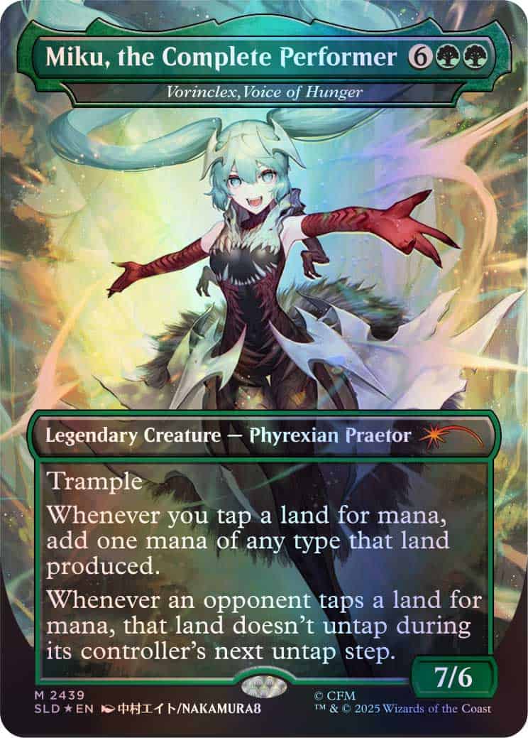 Miku, the Complete Performer — legendary Phyrexian Praetor with Trample on a vibrant fantasy card.