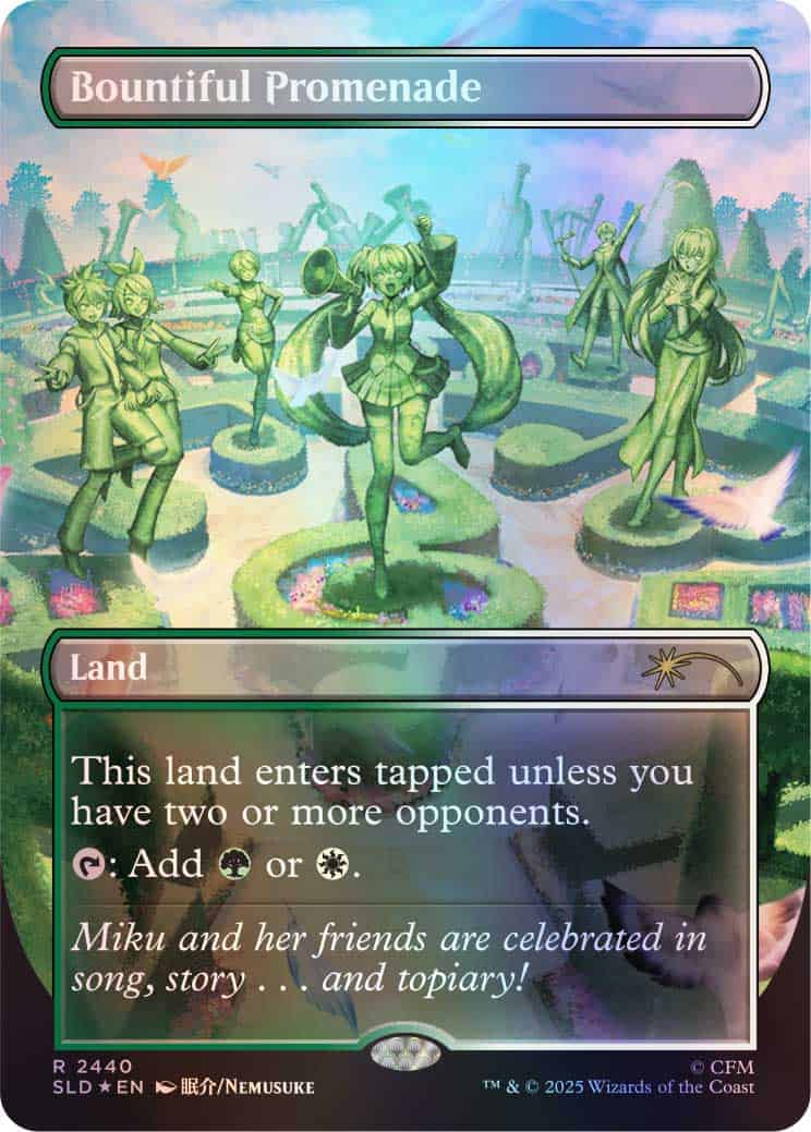 Yu-Gi-Oh! land card 'Bountiful Promenade' with statues in a pastel garden; text: This land enters tapped unless you have two or more opponents; add one color and another color.