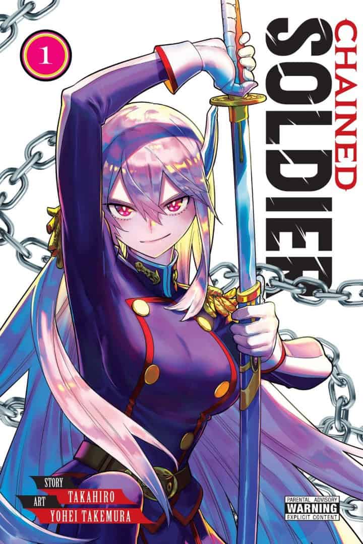 Chained Soldier | The Outerhaven Cover art of a manga: a confident girl with pink-purple hair in a purple military uniform, gripping a sword amid chained background; title 'CHAINED SOLDIER' on the side.