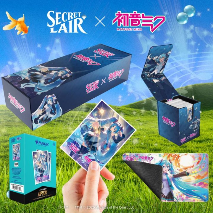 Chaos Vault | The Outerhaven Promotional collage for Secret Lair × Hatsune Miku: large navy box, smaller blue box, cards and poster on a sunny grassy field.