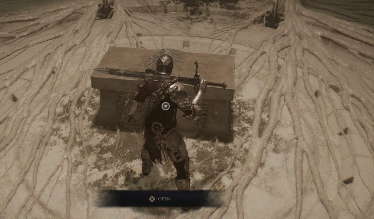 Chest | The Outerhaven Armored knight in dark armor stands over a rectangular chest, resting a long sword across it in a snowy, root-filled chamber.