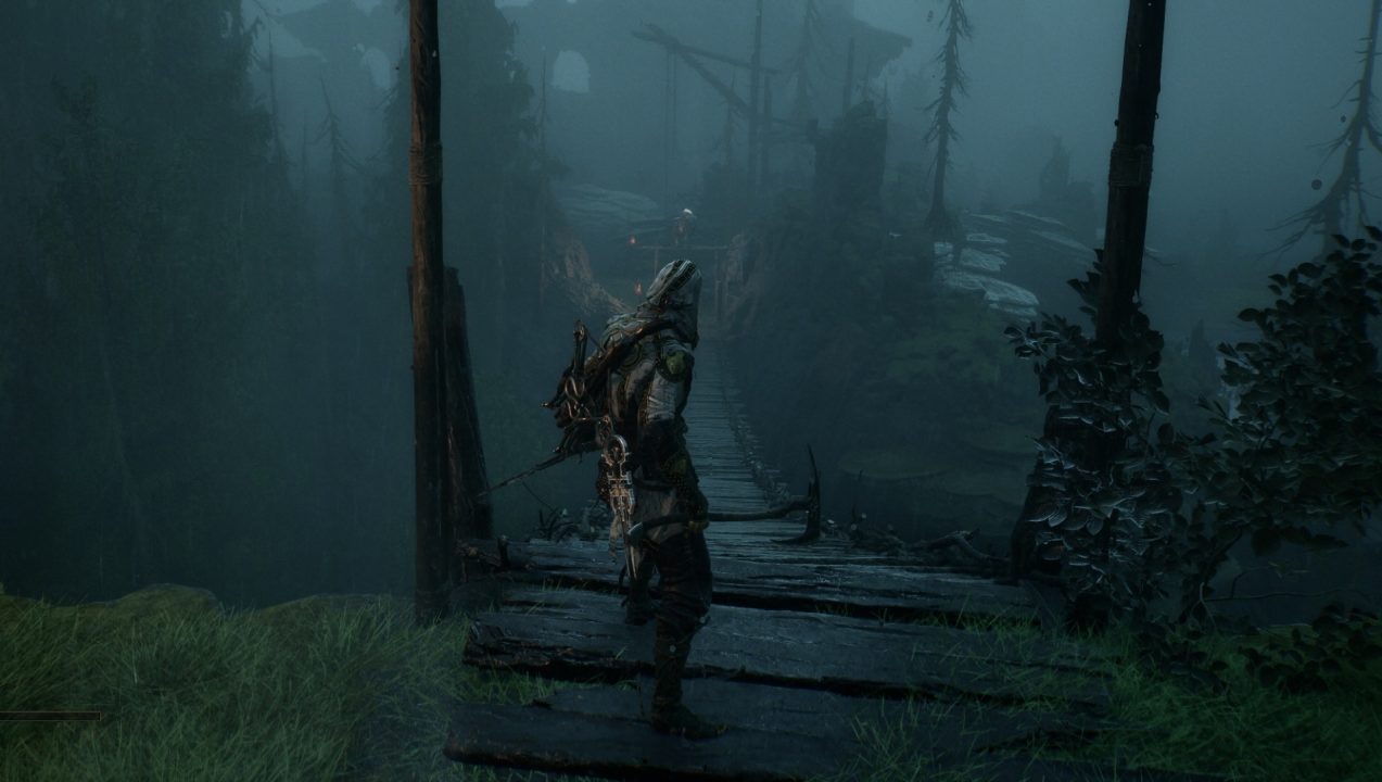 Chest Ahead | The Outerhaven Armored figure with a bow stands on a broken wooden bridge in a misty, dark forest.