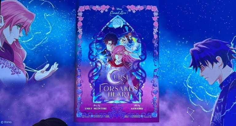 Poster advertising The Curse of a Forsaken Heart, featuring two central characters amid a blue magical background and pink floral frame.