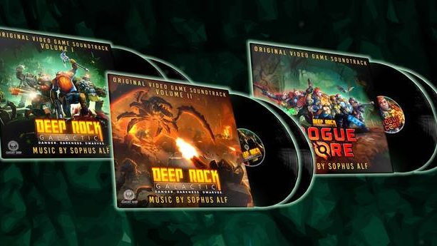 Deep Rock Galactic Metal Pickaxe Replica + New Merch 6LP Set Three Deep Rock Galactic soundtrack album covers arranged in a fan, featuring miners in orange suits and action scenes with explosions on the artwork.