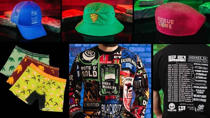 Deep Rock Galactic Metal Pickaxe Replica + New Merch Apparel Selection Collage of streetwear items: blue cap, green bucket hat with pineapple patch, pink beanie, colorful graphic sweatshirt, palm-print shorts, multicolor patched jacket, and a black-and-white tour tee in the background