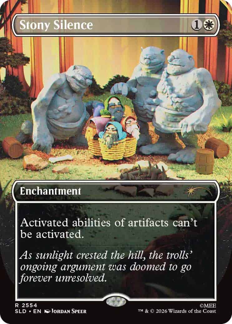 E8ZcWBpNrP | The Outerhaven 'Stony Silence' enchantment card with stone trolls around a camp; card text says artifacts can’t be activated.