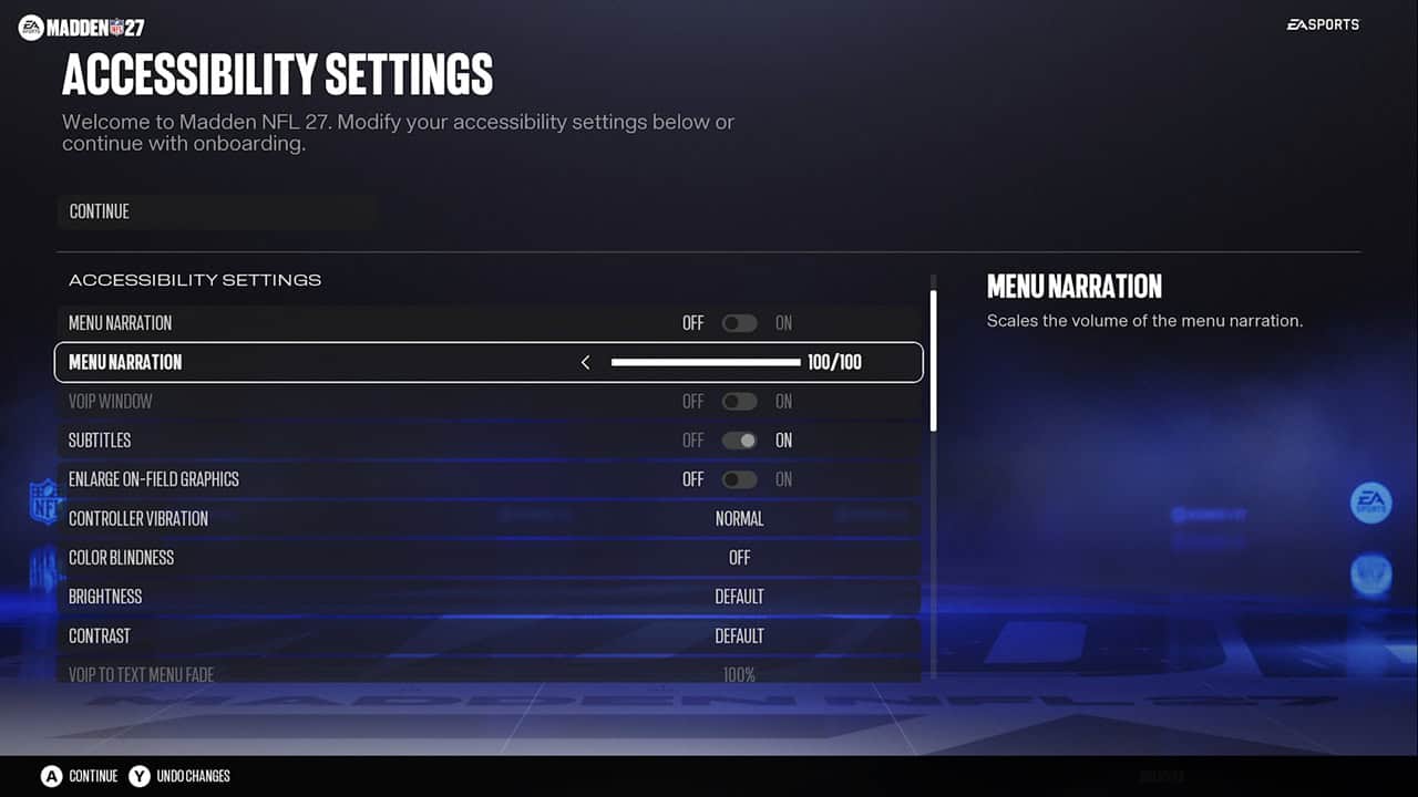 EA SPORTS™ Madden NFL 27-Accessibility Madden NFL 27 accessibility settings screen with toggles for Menu Narration, Subtitles, and display options (left) and a Menu Narration explanation panel (right).