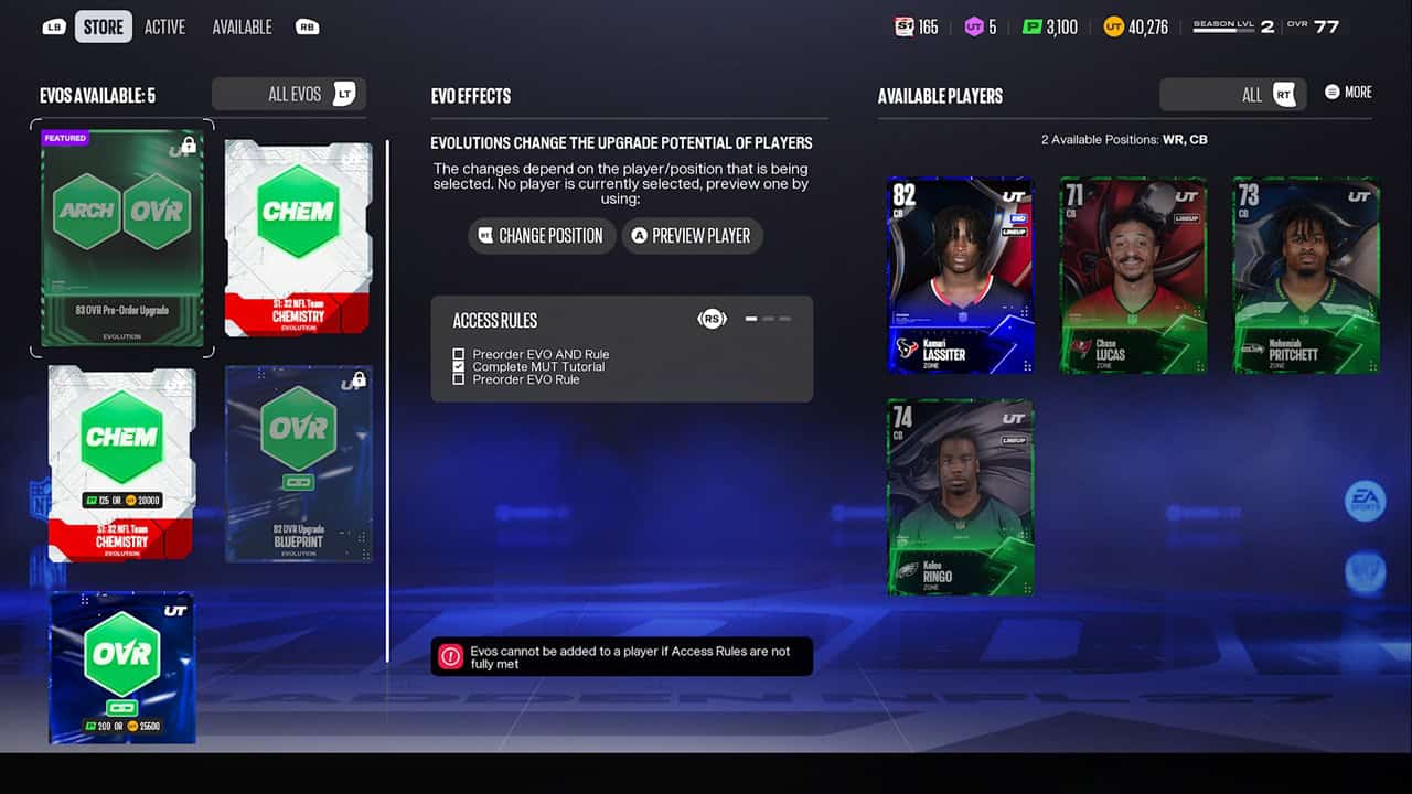 EA SPORTS™ Madden NFL 27-Evo | The Outerhaven Interface screen of a game showing Evo cards on the left, effects panel in the center, and available player cards on the right.