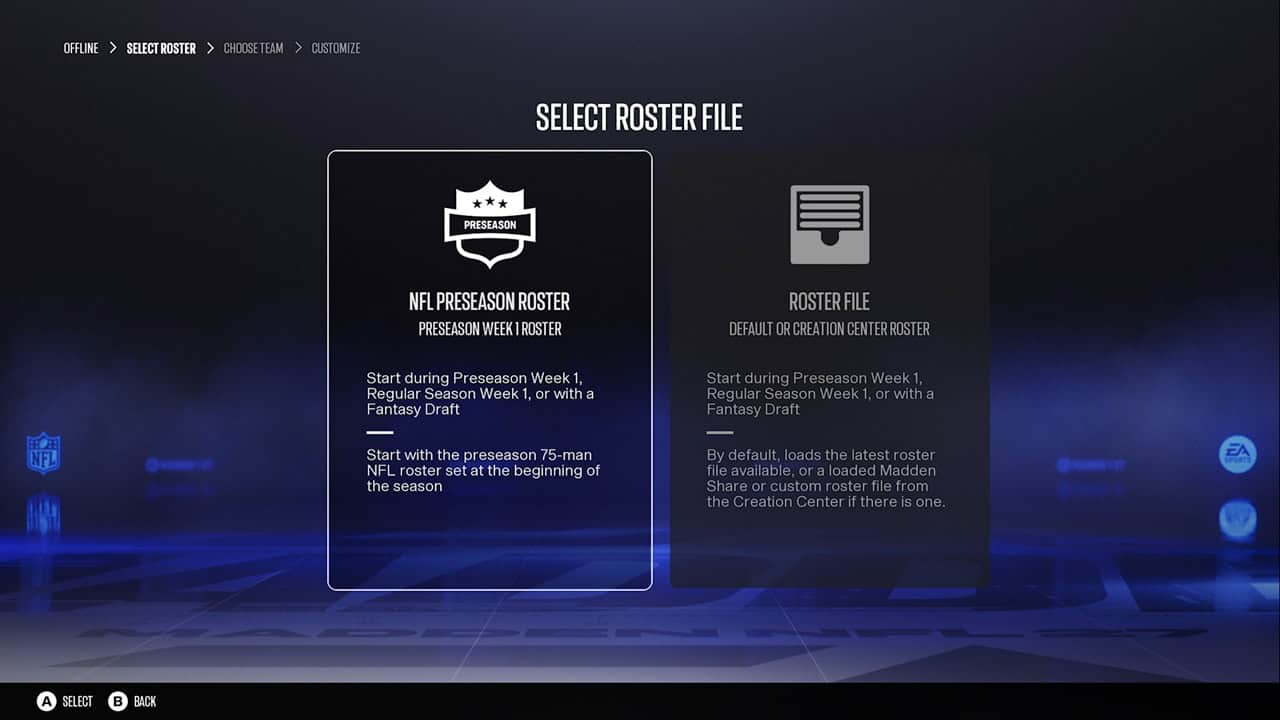 EA SPORTS™ Madden NFL 27-Franchise Setup 2 Roster selection screen with two cards: left 'NFL Preseason Roster' (selected) and right 'Roster File' under the title 'Select Roster File'.