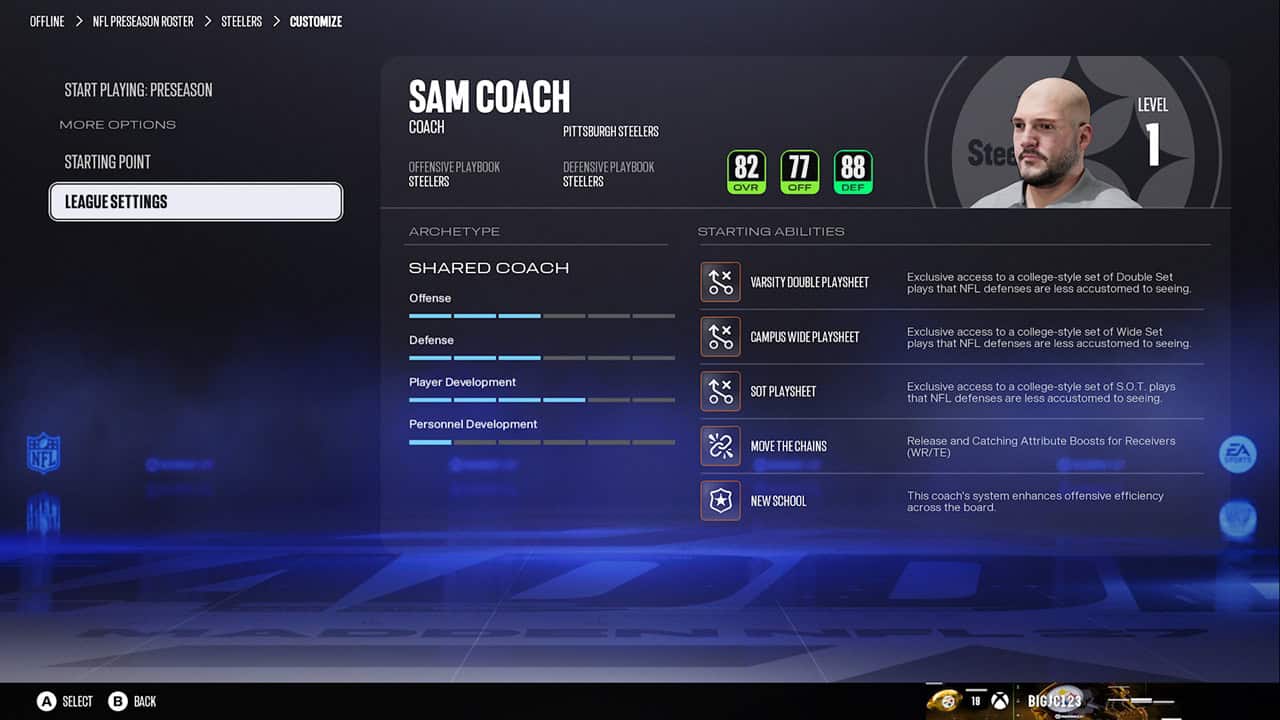 EA SPORTS™ Madden NFL 27-Franchise Setup In-game coach customization screen showing 'Sam Coach' with archetype bars (Offense, Defense, Player Development, Personal Development) and a list of starting abilities on the right.