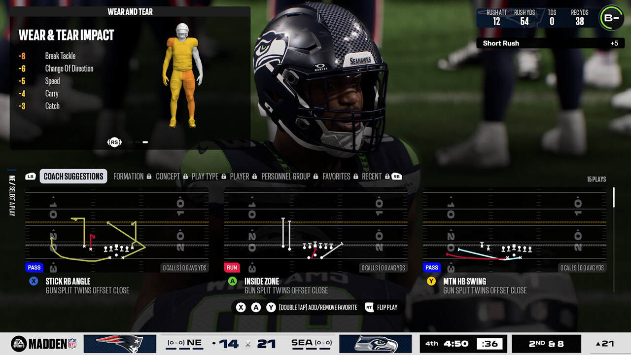 EA SPORTS™ Madden NFL 27-Play | The Outerhaven In-game Madden NFL HUD showing Wear & Tear Impact panel with a yellow player model and injury effects; list includes break tackle, change of direction, speed, carry, catch.