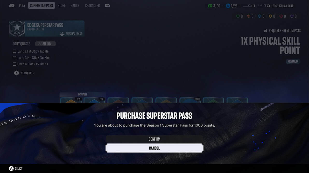 EA SPORTS™ Madden NFL 27-SSP | The Outerhaven Modal: Purchase Superstar Pass for 1000 points with Confirm and Cancel options.