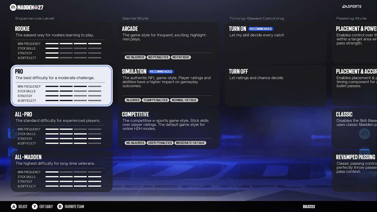 EA SPORTS™ Madden NFL 27-Settings Madden NFL 27 in-game menu showing multiple difficulty cards (Rookie, Pro, All-Pro, All-Madden) and game styles (Arcade, Simulation, Turn On/Off) with a dark blue neon UI.