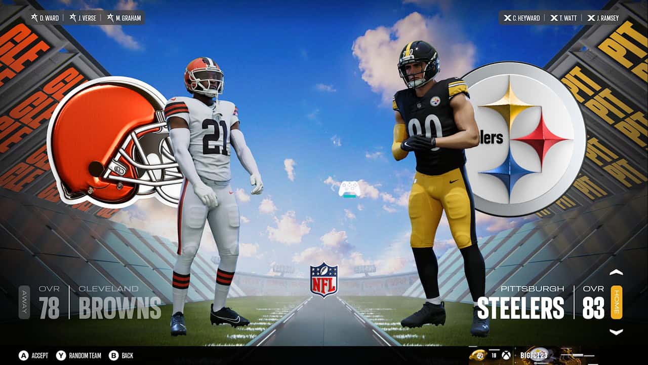 EA SPORTS™ Madden NFL 27-Team Select Two football players facing off on a bright field: Browns on left in white uniform, Steelers on right in black and yellow, with team logos in the background.